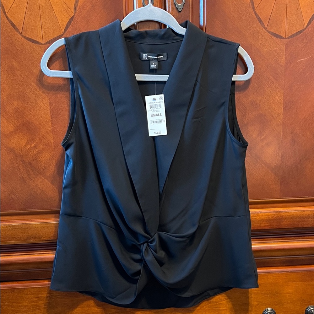 NWT. INC Black Sleeveless Shirt with V-Neck Collar and Tie-Twist Waist